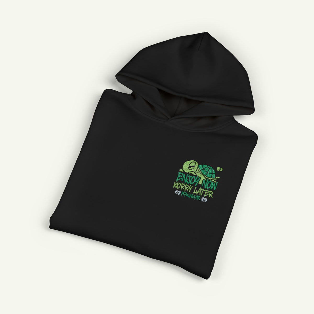 Enjoy Now - Worry Later - Embroidered - Campfire Hoodie - Evergreen/Black